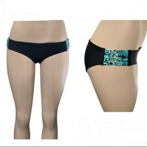 Heat Swimwear Miami Palms Black with Aqua Loop Side Bikini Bottoms Size Large